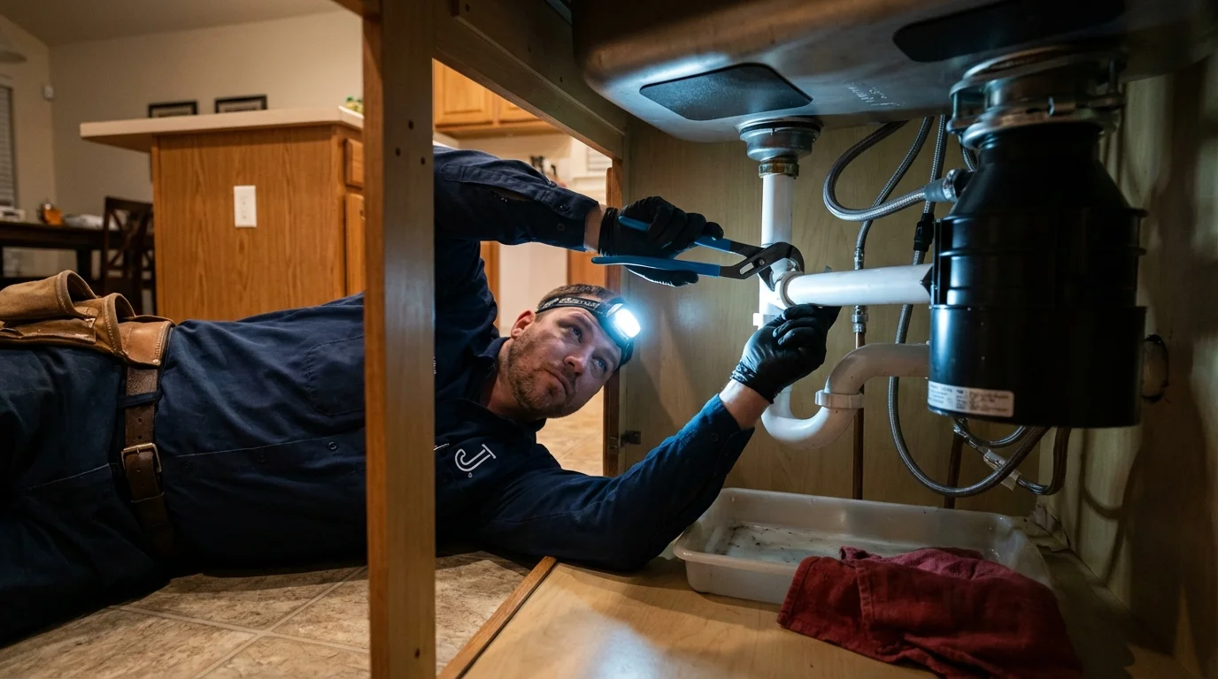 P-trap and supply line connections under a kitchen sink showing a common leak point in Bellevue, WA